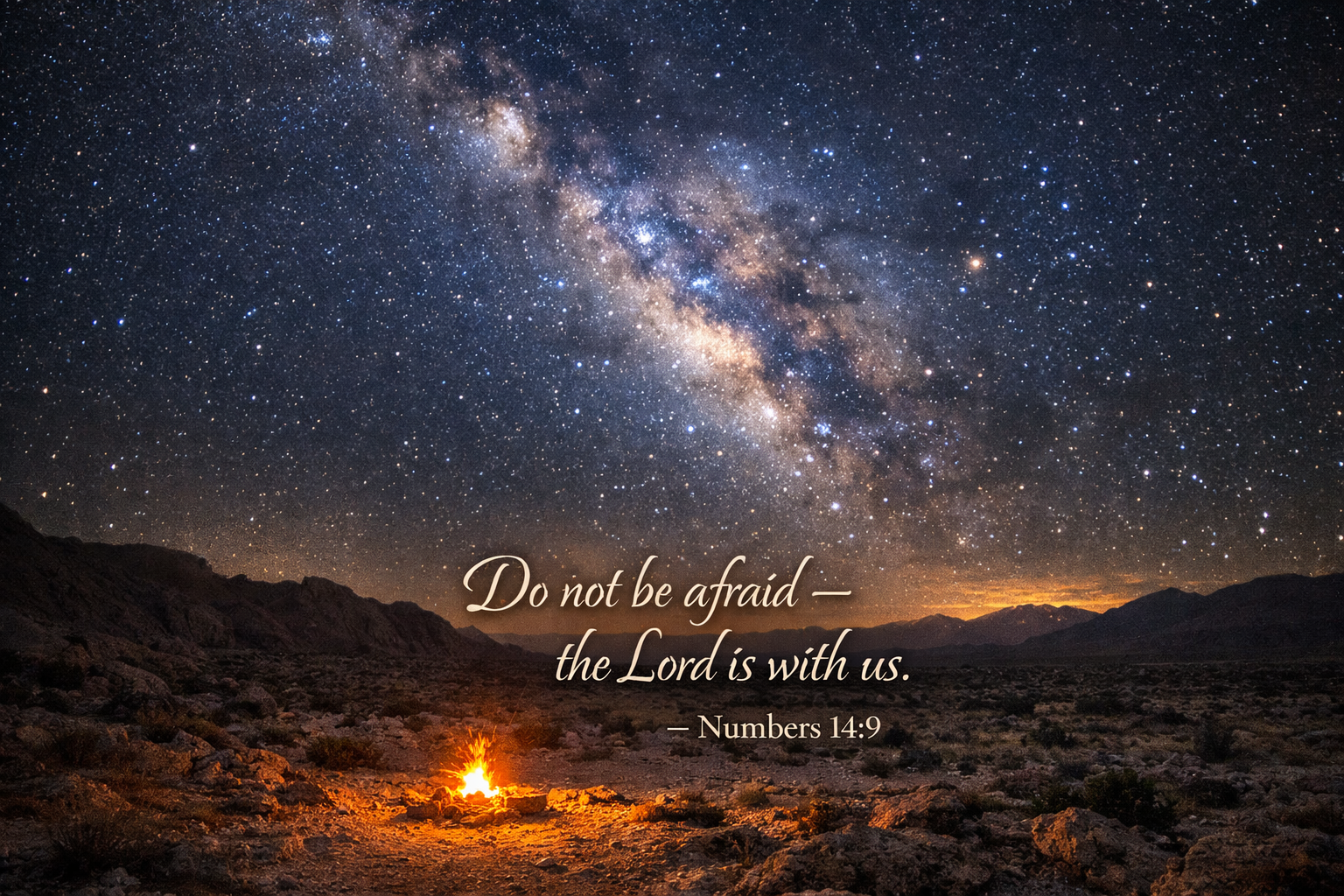 Small campfire in desert under Milky Way galaxy center italic script text do not be afraid the Lord is with us -- Numbers 14:9 desert milky way wallpaper